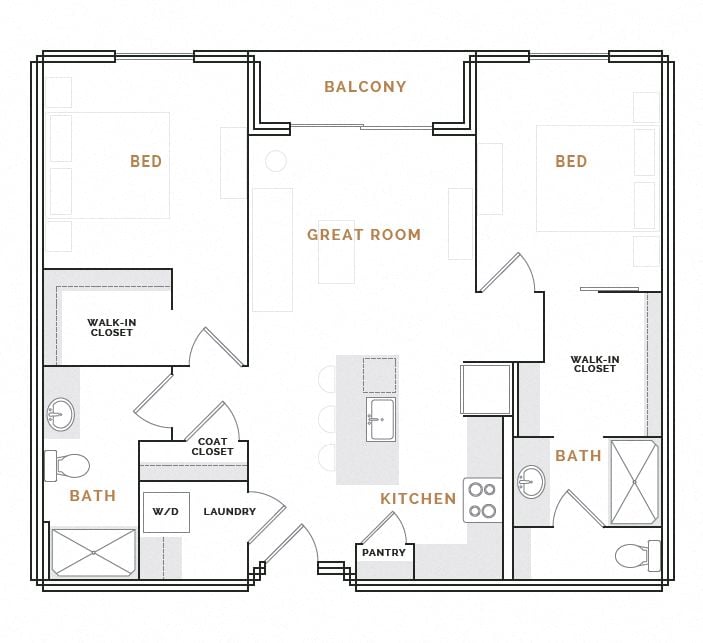 Rendering of the EB1A.1 floor plan with 2 bedroom[s] and 2 bathroom[s] at Hardware District