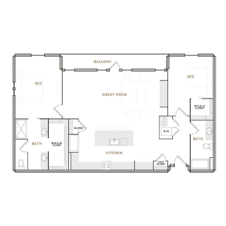 Rendering of the WP3 floor plan with 2 bedroom[s] and 2 bathroom[s] at Hardware District