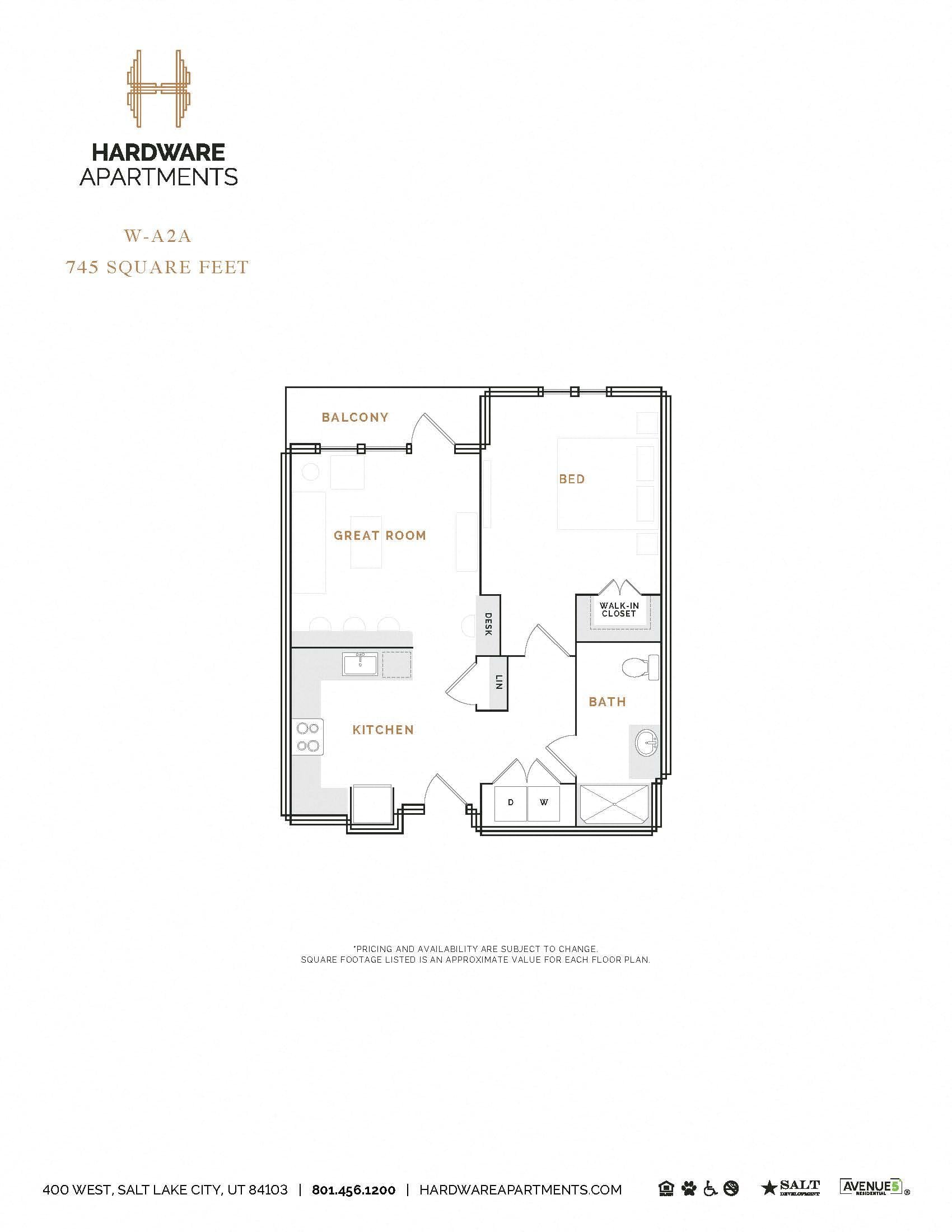 Rendering of the WA2A floor plan with 1 bedroom[s] and 1 bathroom[s] at Hardware District