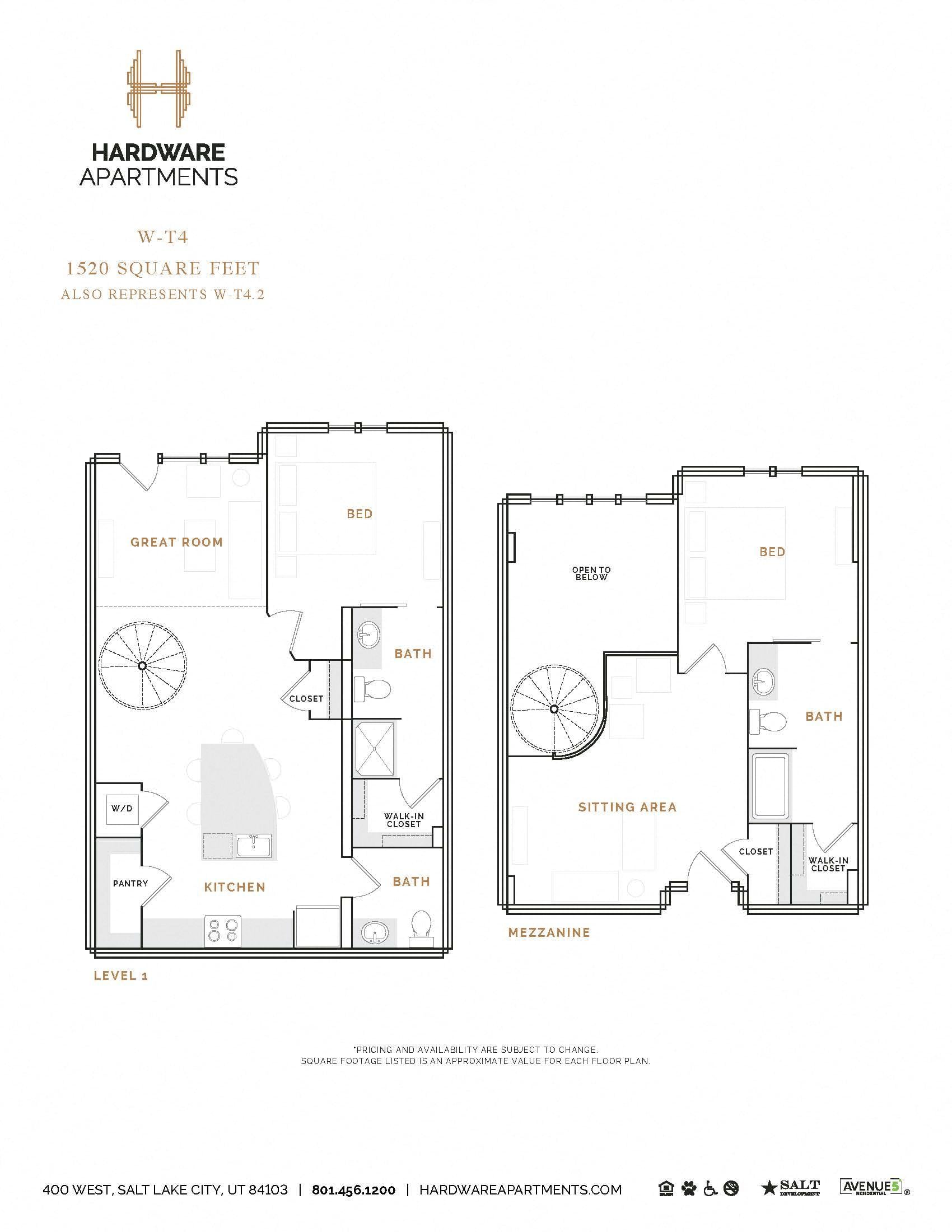Rendering of the WT4 floor plan with 2 bedroom[s] and 2.5 bathroom[s] at Hardware District