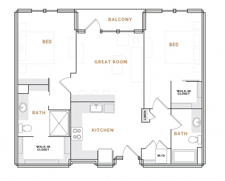 Rendering of the WB1.2B floor plan with 2 bedroom[s] and 2 bathroom[s] at Hardware District