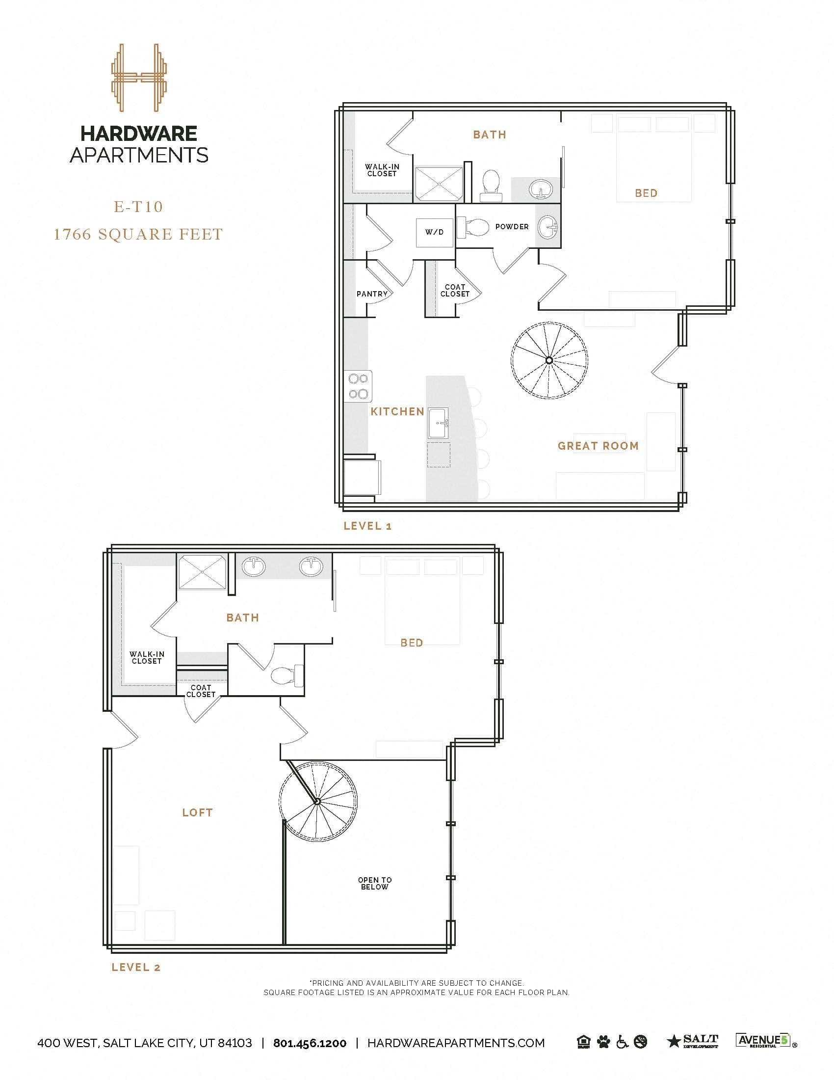 Rendering of the ET10 floor plan with 2 bedroom[s] and 2.5 bathroom[s] at Hardware District
