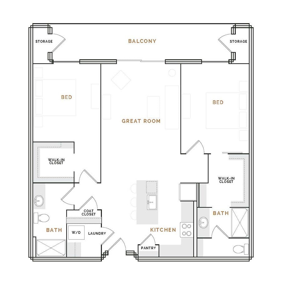Rendering of the EB4 floor plan with 2 bedroom[s] and 2 bathroom[s] at Hardware District