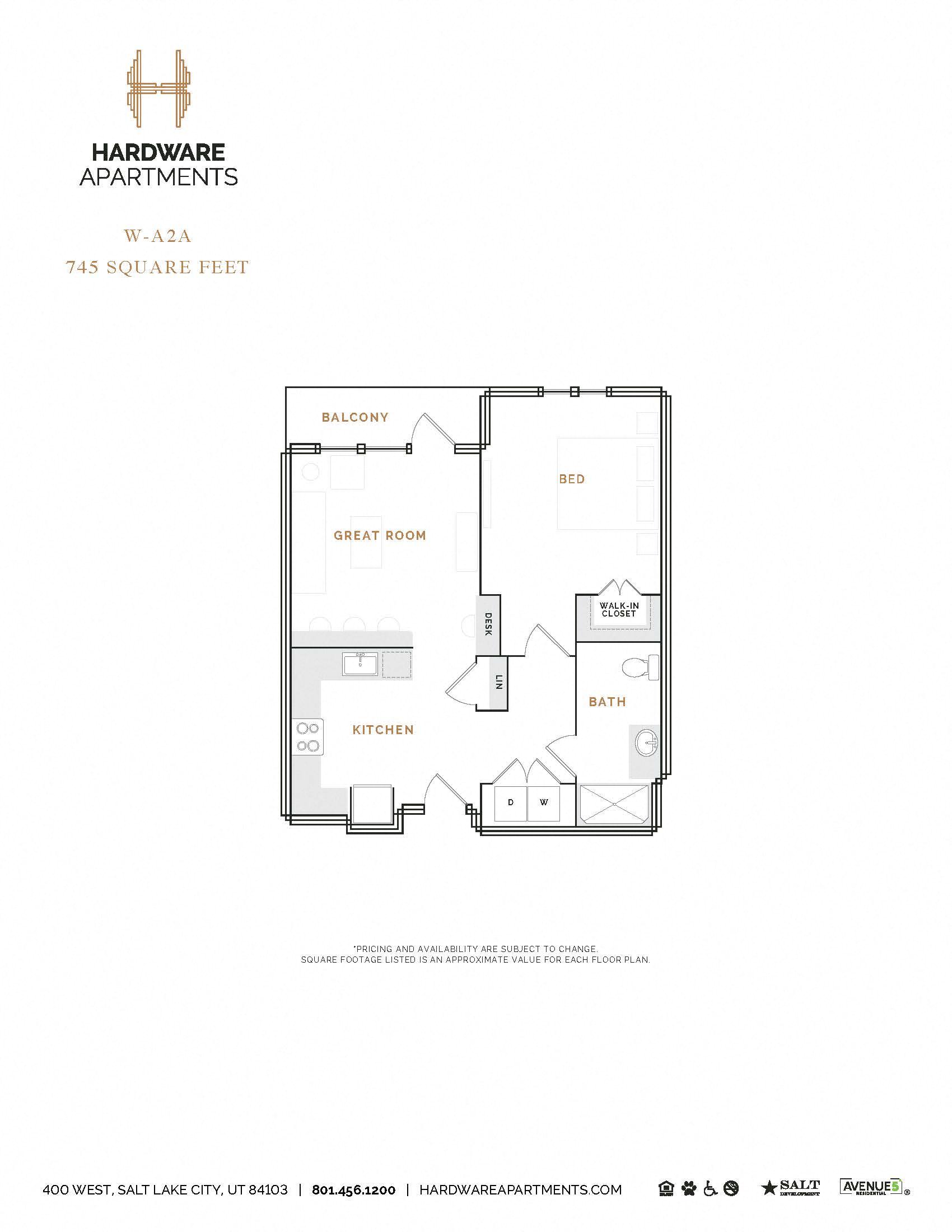Rendering of the WA2A floor plan with 1 bedroom[s] and 1 bathroom[s] at Hardware District