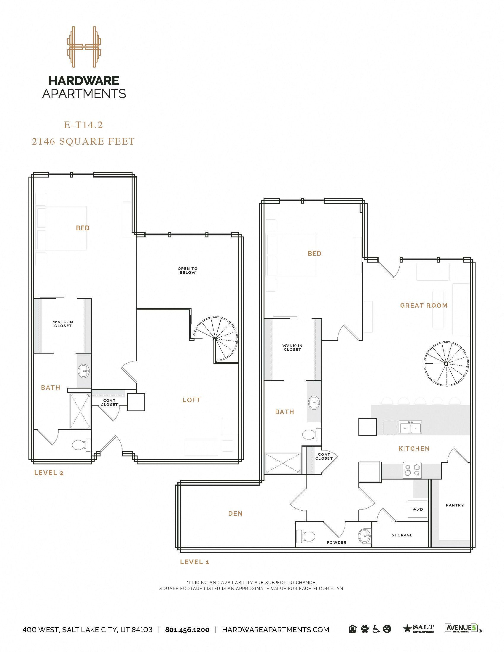 Rendering of the ET14.2 floor plan with 2 bedroom[s] and 2.5 bathroom[s] at Hardware District