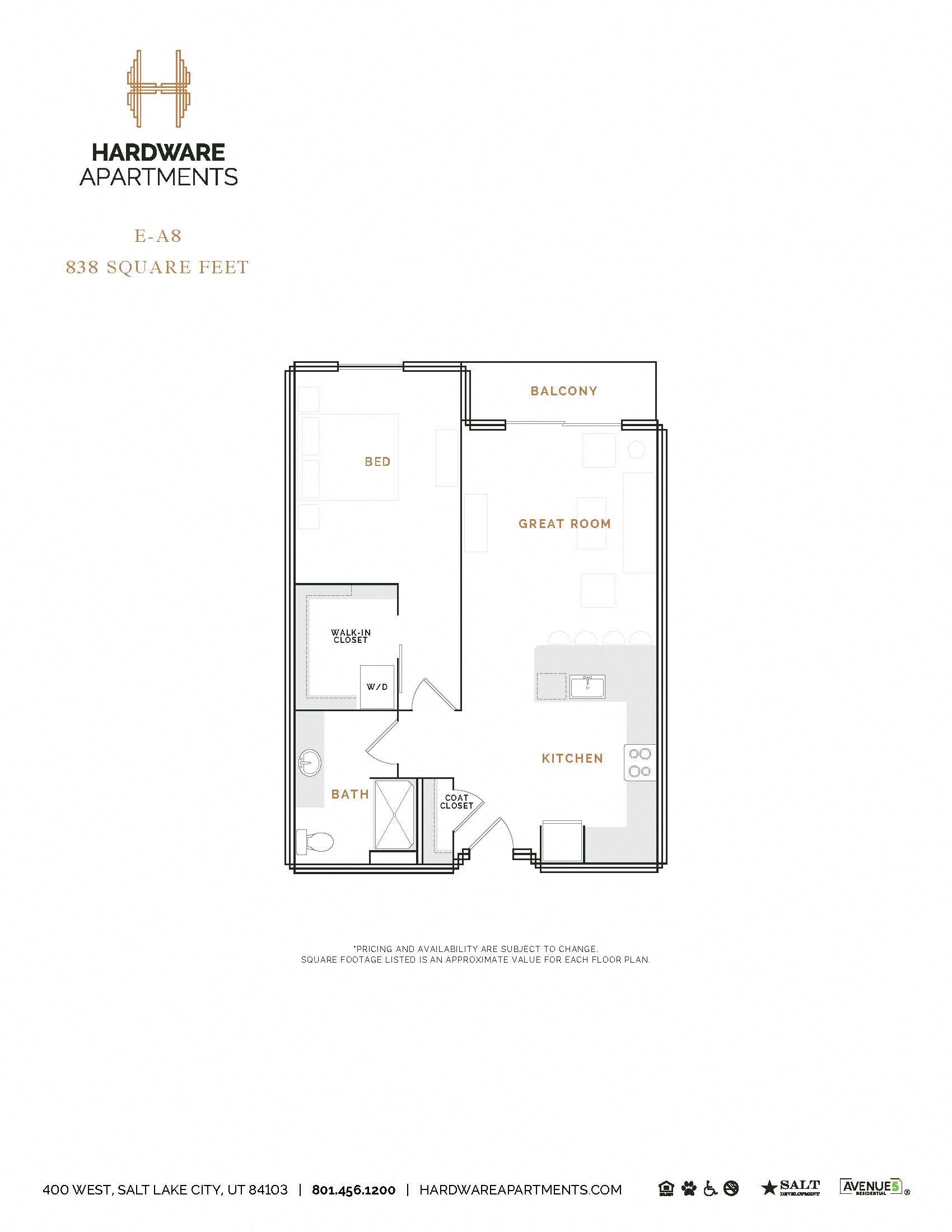 Rendering of the EA8 floor plan with 1 bedroom[s] and 1 bathroom[s] at Hardware District