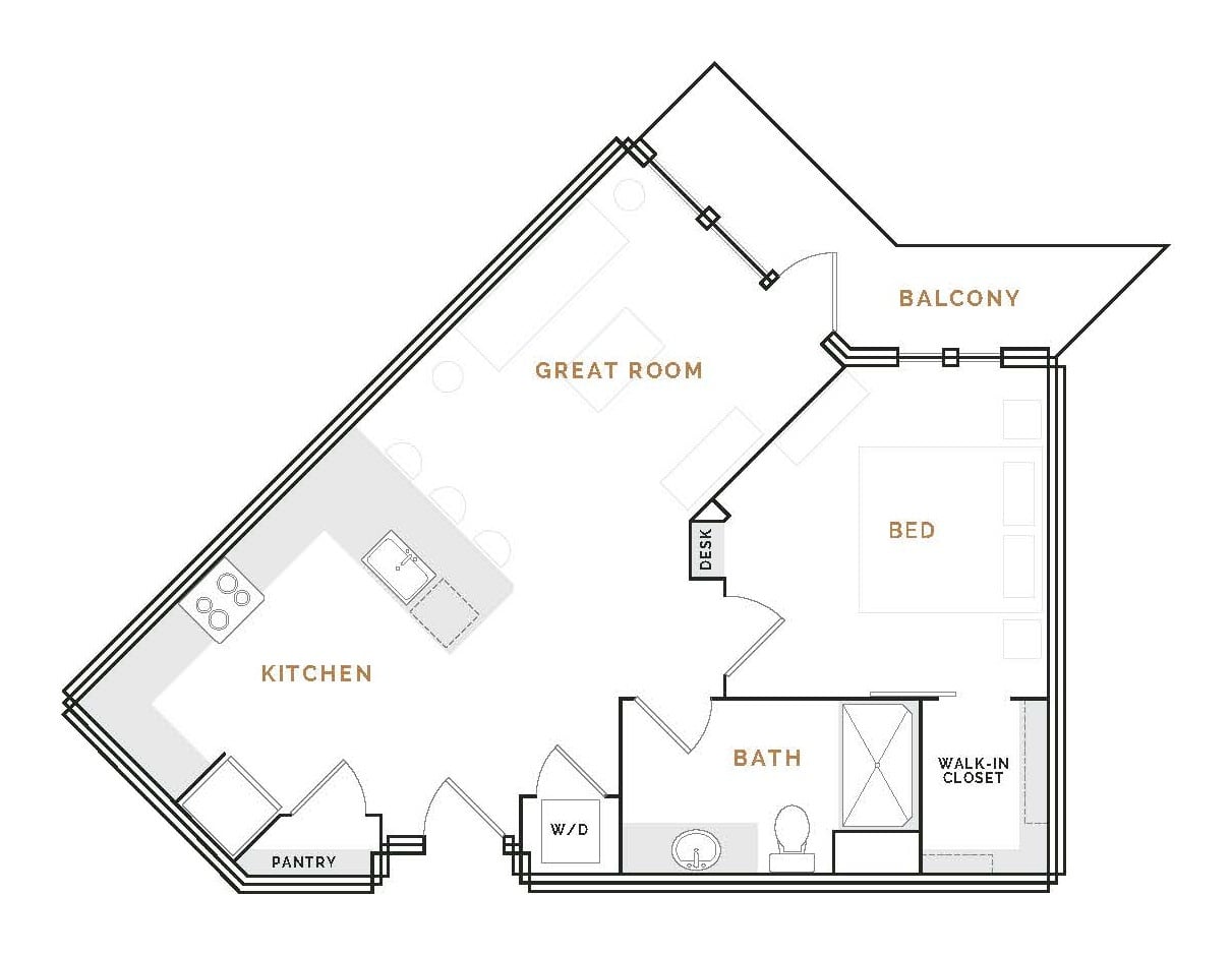 Rendering of the WA3 floor plan with 1 bedroom[s] and 1 bathroom[s] at Hardware District