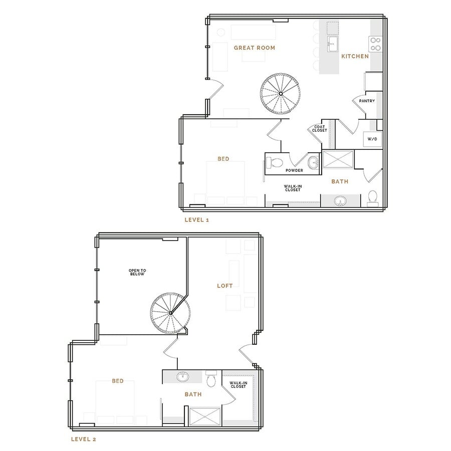 Rendering of the ET7 floor plan with 2 bedroom[s] and 2.5 bathroom[s] at Hardware District
