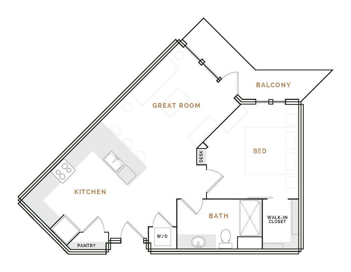 Rendering of the WA3 floor plan with 1 bedroom[s] and 1 bathroom[s] at Hardware District