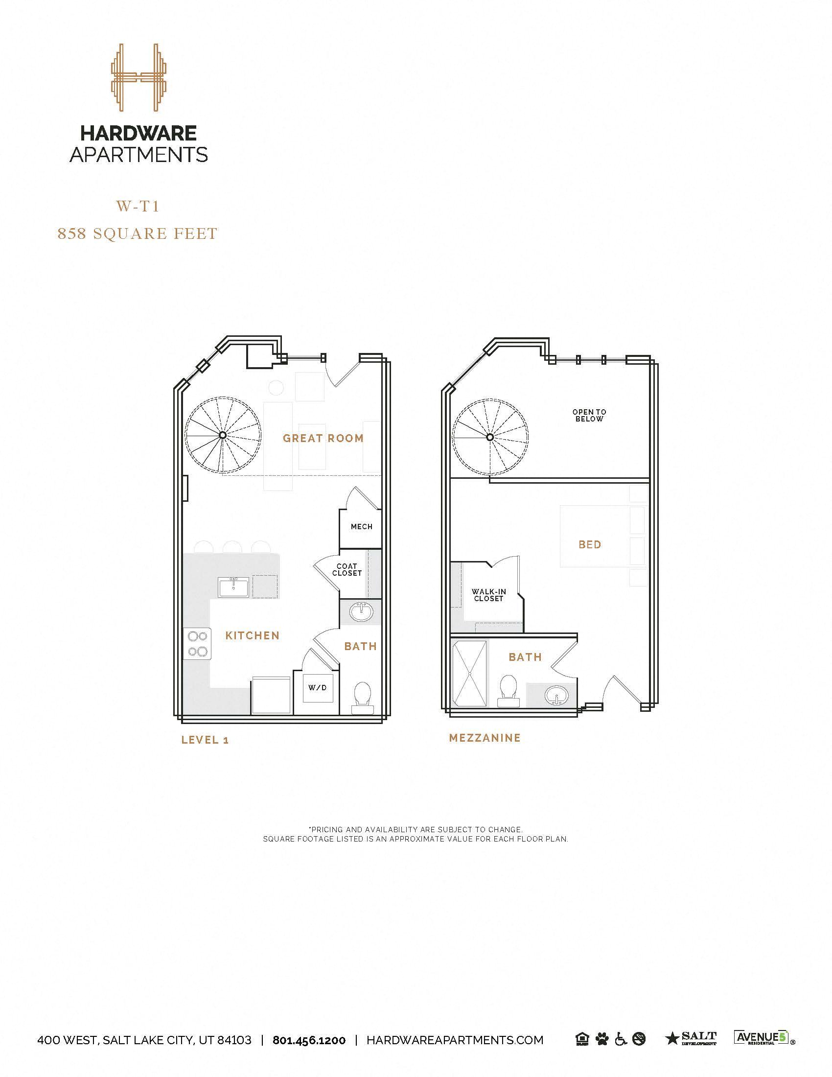 Rendering of the WT1 floor plan with 1 bedroom[s] and 1.5 bathroom[s] at Hardware District
