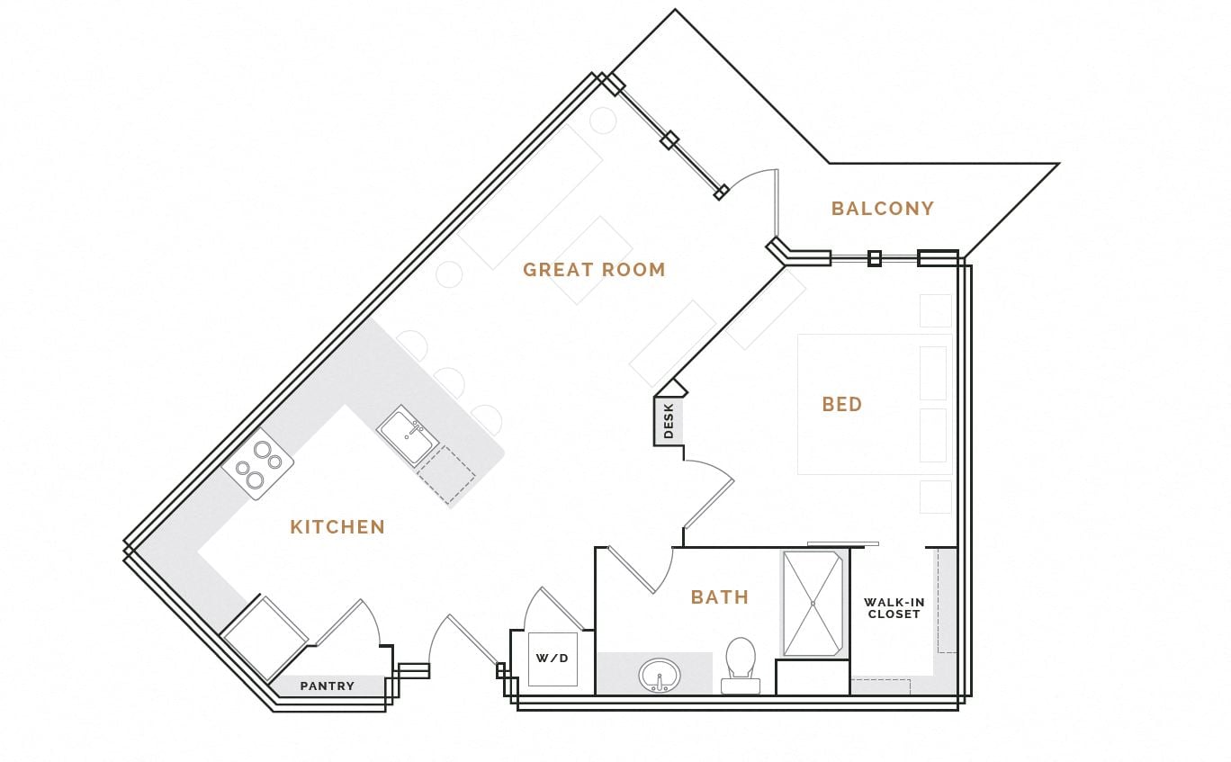 Rendering of the WA3.P floor plan with 1 bedroom[s] and 1 bathroom[s] at Hardware District