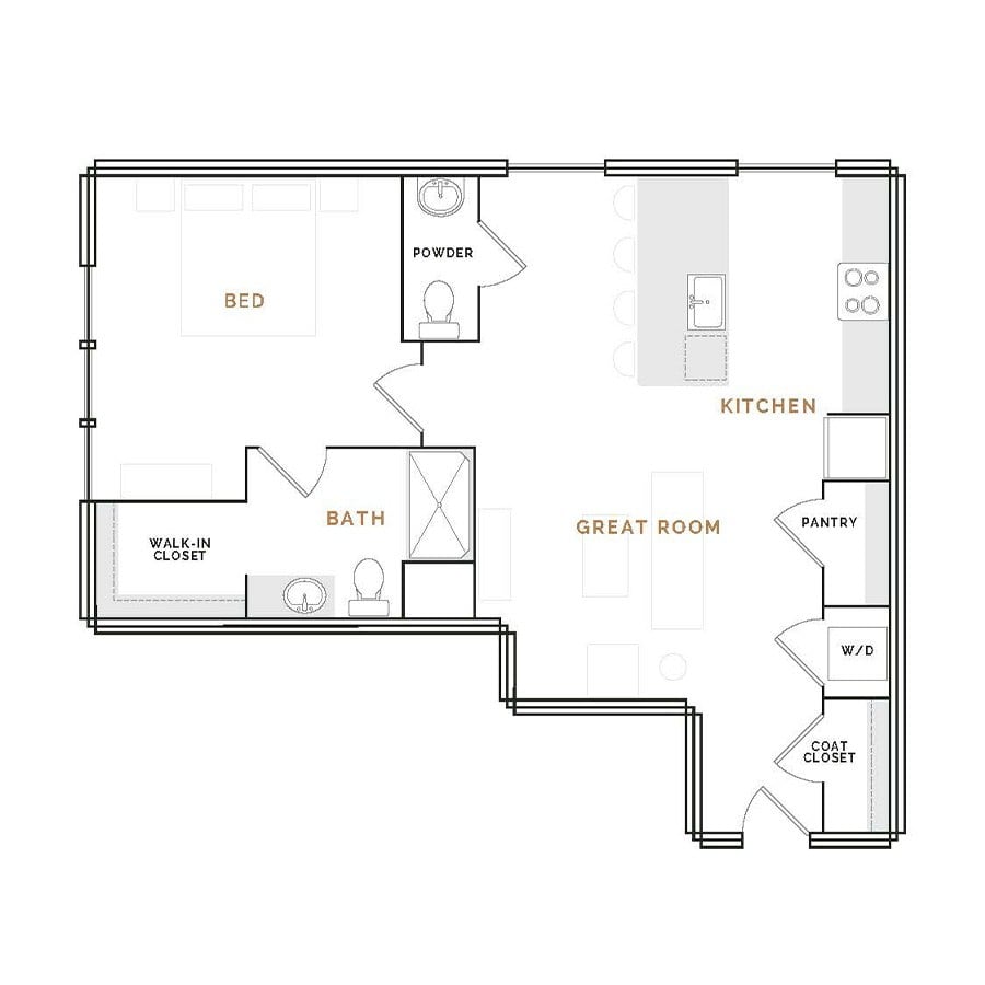 Rendering of the EA12 floor plan with 1 bedroom[s] and 1 bathroom[s] at Hardware District