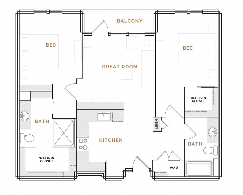 Rendering of the WB1.P floor plan with 2 bedroom[s] and 2 bathroom[s] at Hardware District