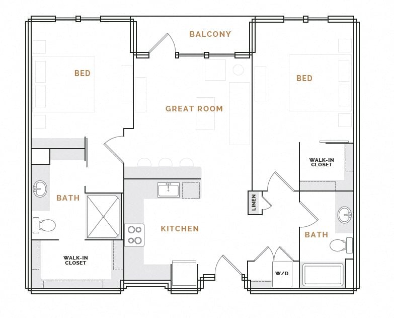 Rendering of the WB1.2B floor plan with 2 bedroom[s] and 2 bathroom[s] at Hardware District