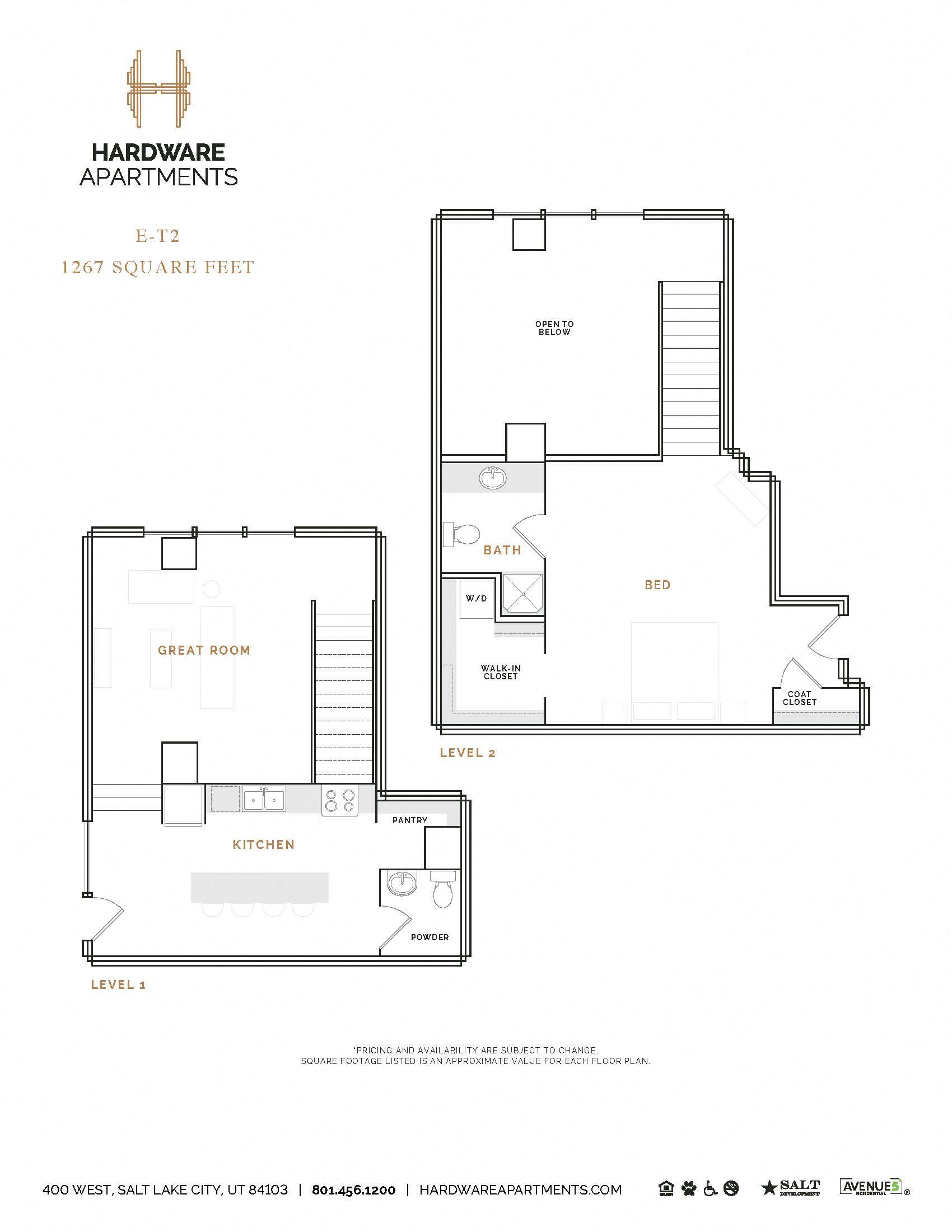 Rendering of the ET2 floor plan with 1 bedroom[s] and 1.5 bathroom[s] at Hardware District