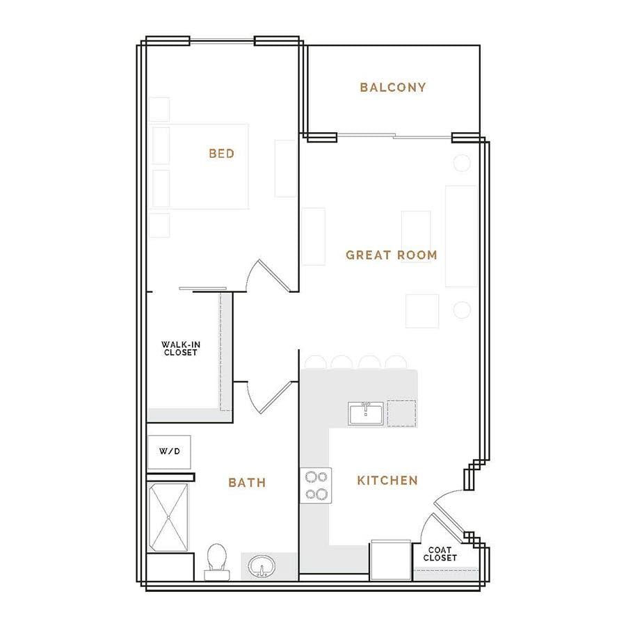 Rendering of the EA7 floor plan with 1 bedroom[s] and 1 bathroom[s] at Hardware District