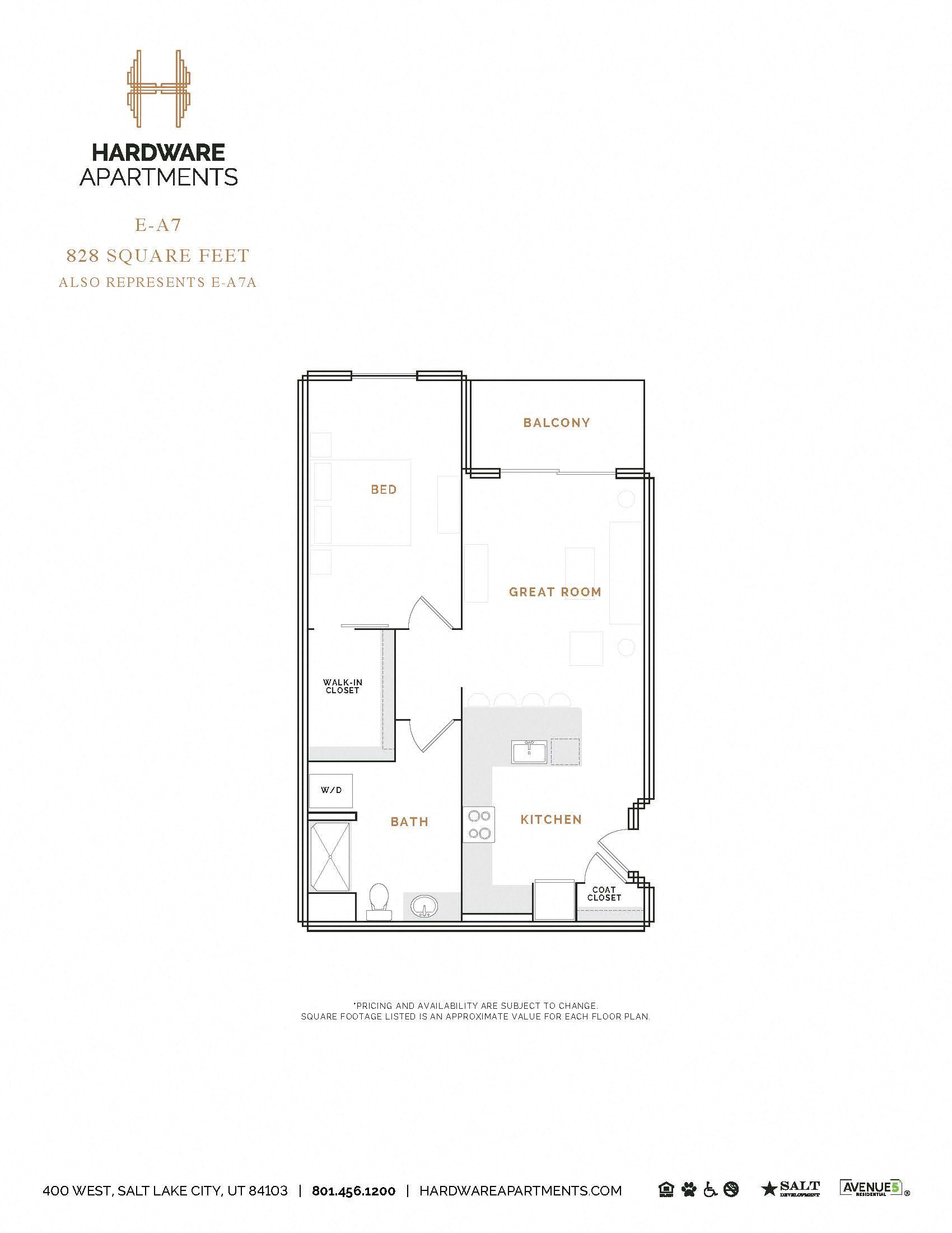 Rendering of the EA7 floor plan with 1 bedroom[s] and 1 bathroom[s] at Hardware District