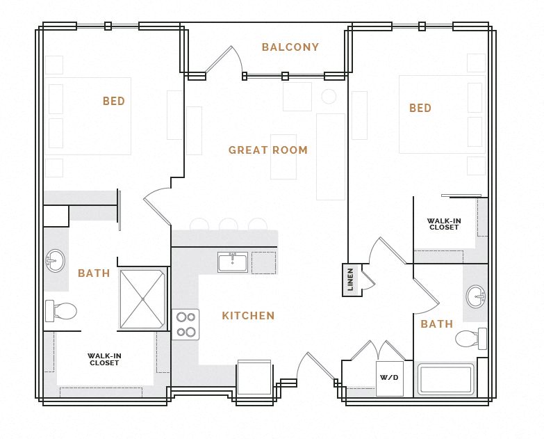 Rendering of the WB1.2 floor plan with 2 bedroom[s] and 2 bathroom[s] at Hardware District