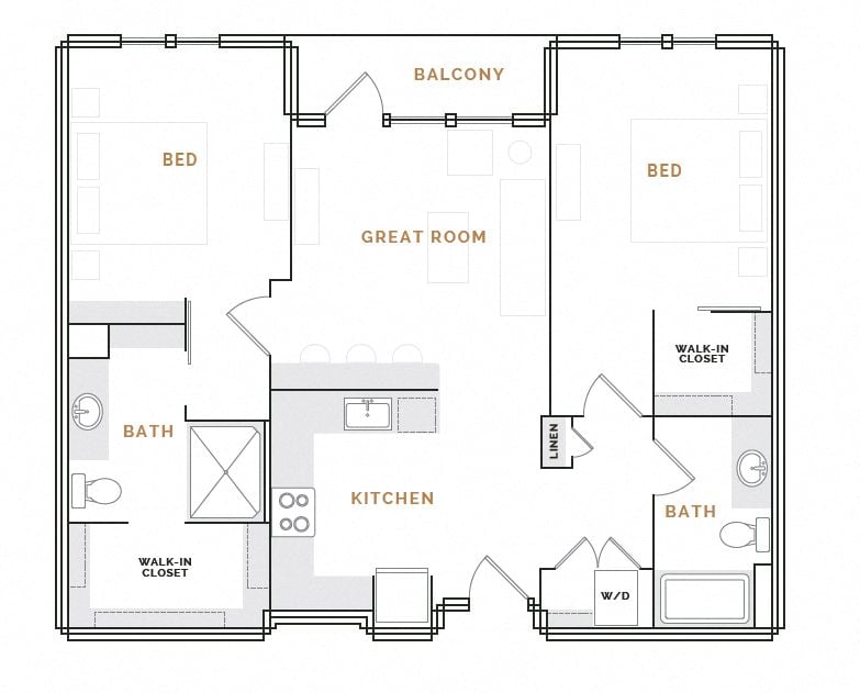 Rendering of the WB1.3 floor plan with 2 bedroom[s] and 2 bathroom[s] at Hardware District