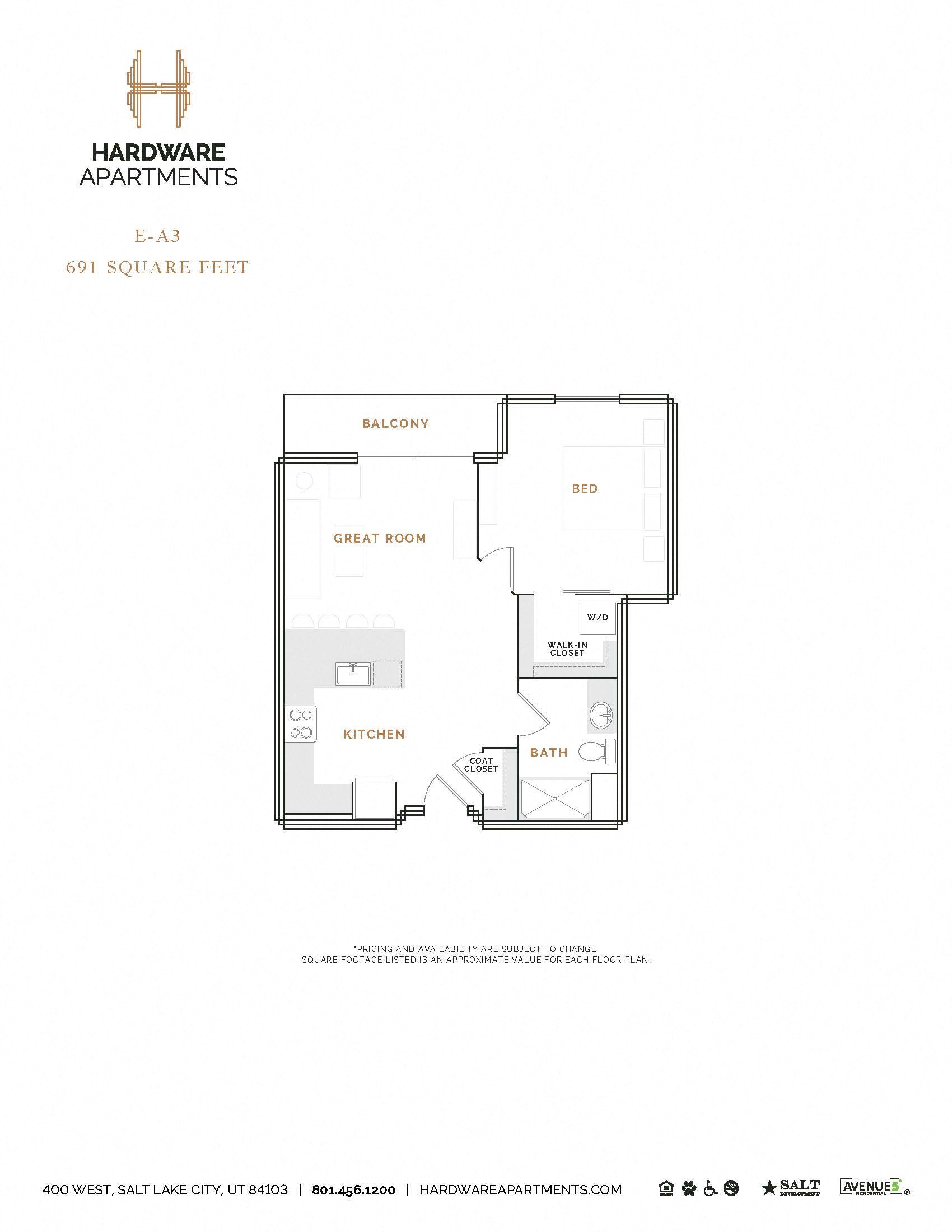 Rendering of the EA3 floor plan with 1 bedroom[s] and 1 bathroom[s] at Hardware District