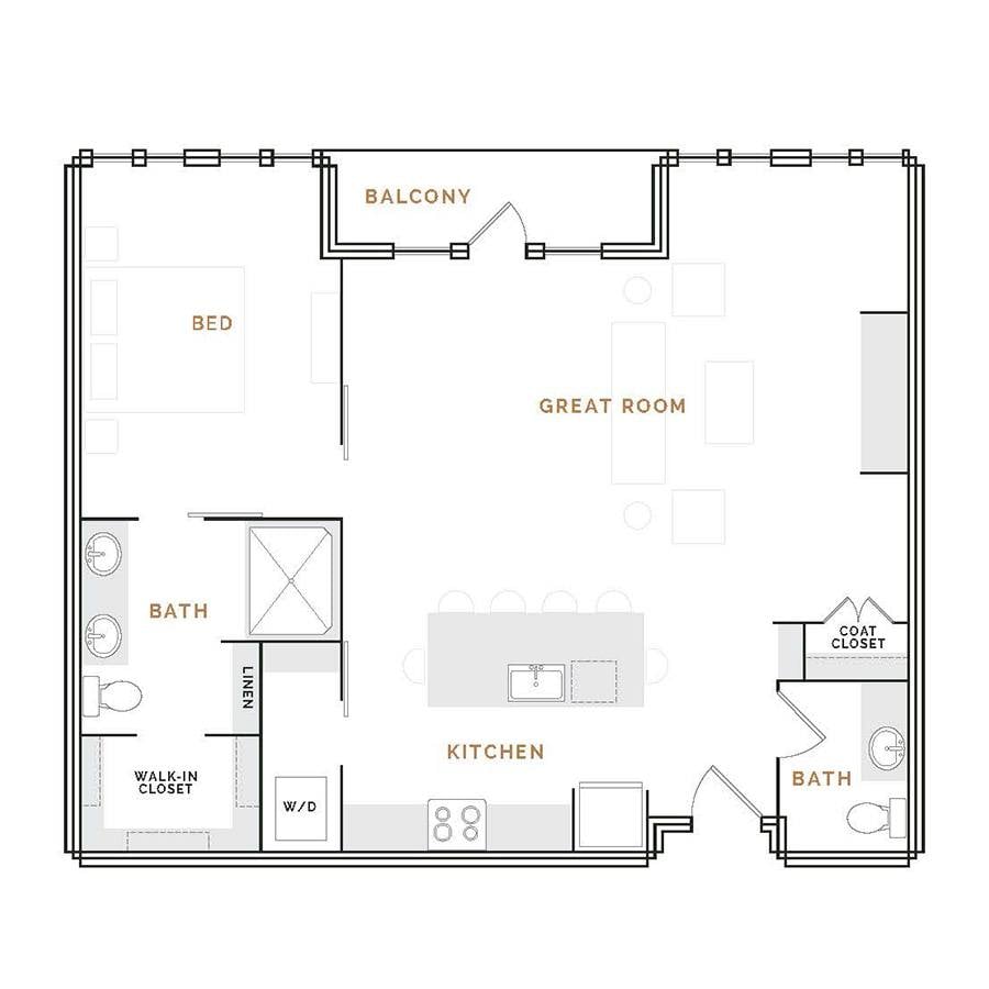 Rendering of the WP1 floor plan with 1 bedroom[s] and 1.5 bathroom[s] at Hardware District