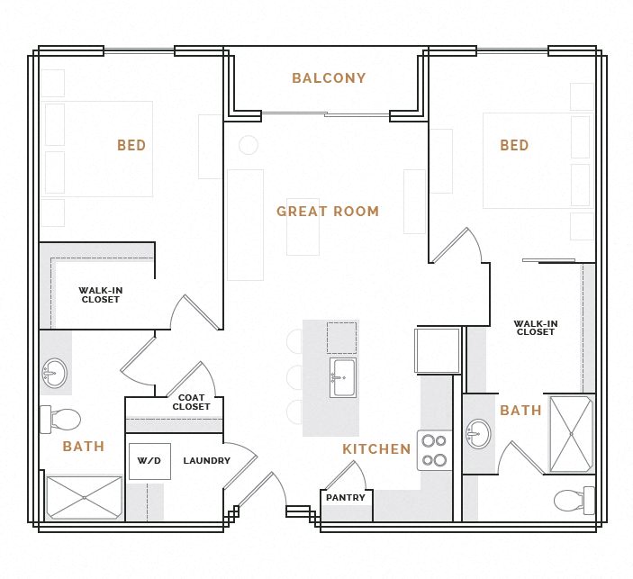 Rendering of the EB1.1 floor plan with 2 bedroom[s] and 2 bathroom[s] at Hardware District
