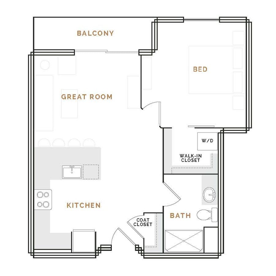 Rendering of the EA3 floor plan with 1 bedroom[s] and 1 bathroom[s] at Hardware District