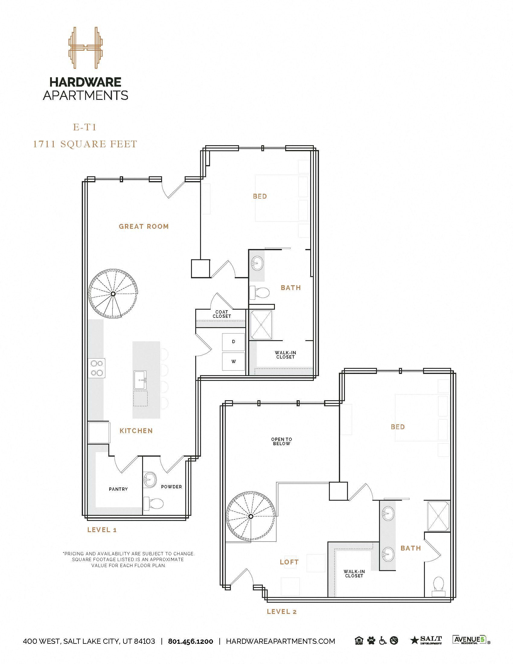 Rendering of the ET1 floor plan with 2 bedroom[s] and 2.5 bathroom[s] at Hardware District