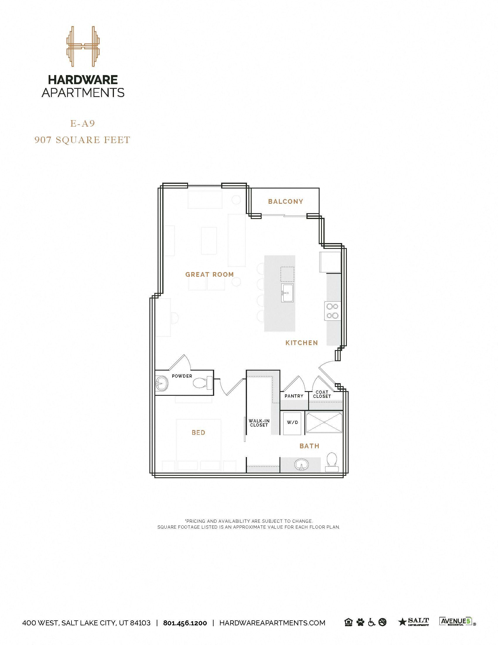 Rendering of the EA9 floor plan with 1 bedroom[s] and 1.5 bathroom[s] at Hardware District