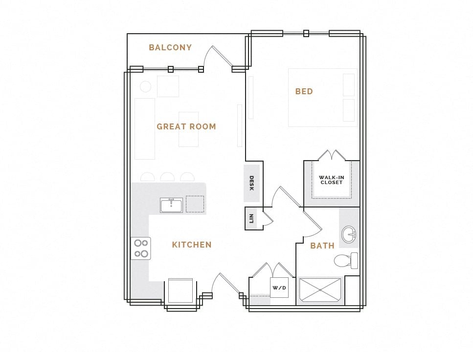 Rendering of the WA2.P floor plan with 1 bedroom[s] and 1 bathroom[s] at Hardware District
