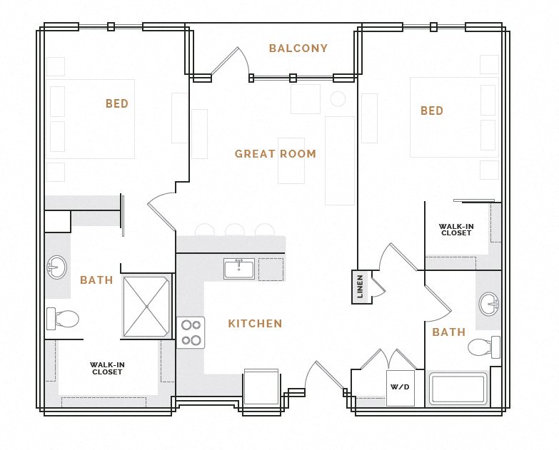 Rendering of the WB1.2P floor plan with 2 bedroom[s] and 2 bathroom[s] at Hardware District