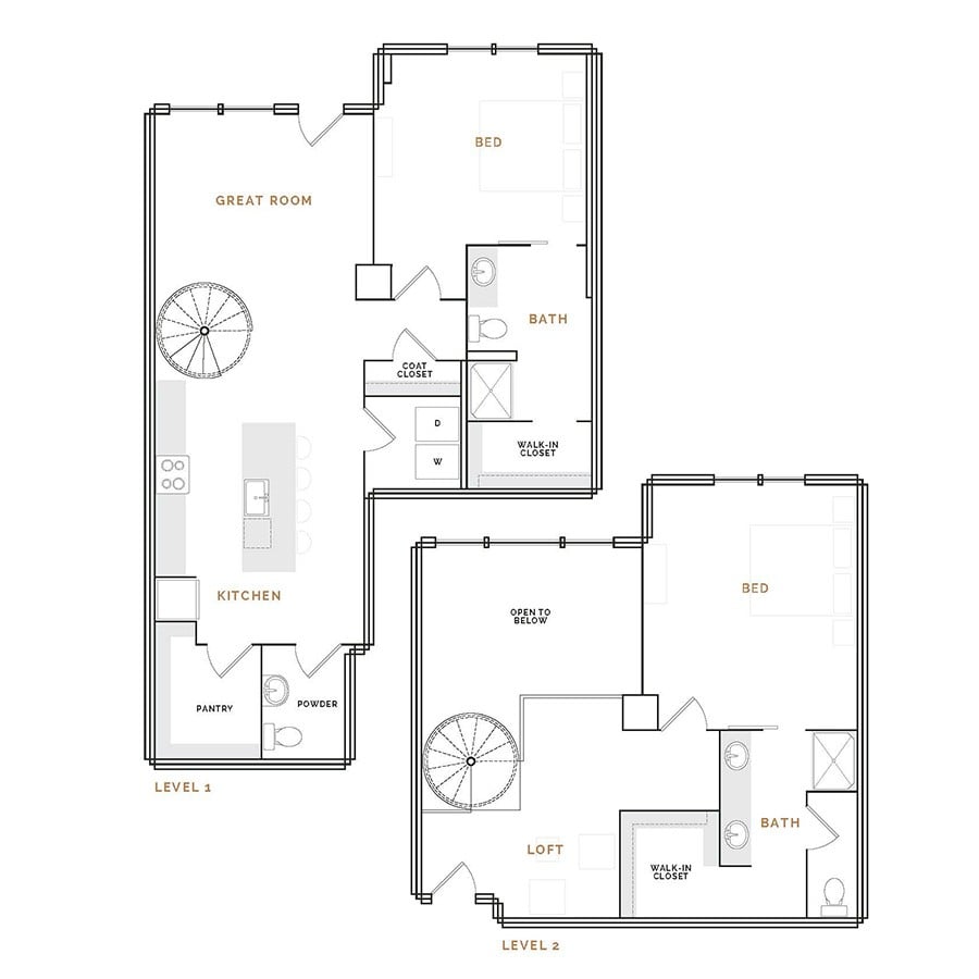 Rendering of the ET1 floor plan with 2 bedroom[s] and 2.5 bathroom[s] at Hardware District