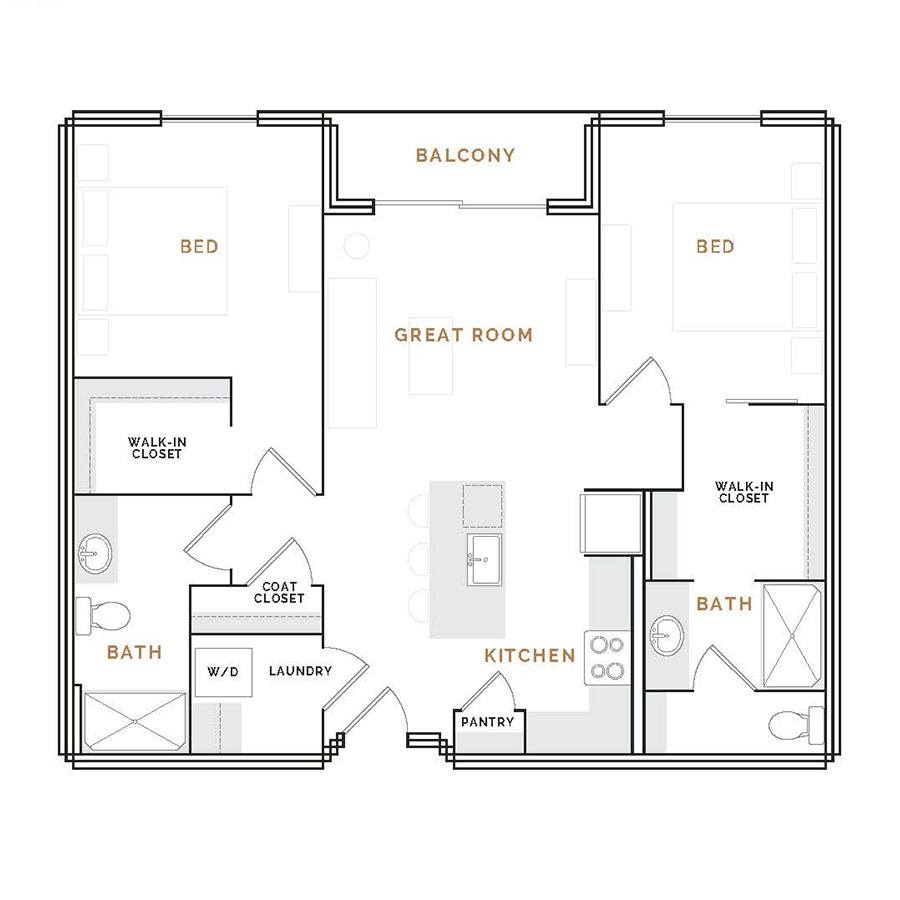 Rendering of the EB1 floor plan with 2 bedroom[s] and 2 bathroom[s] at Hardware District