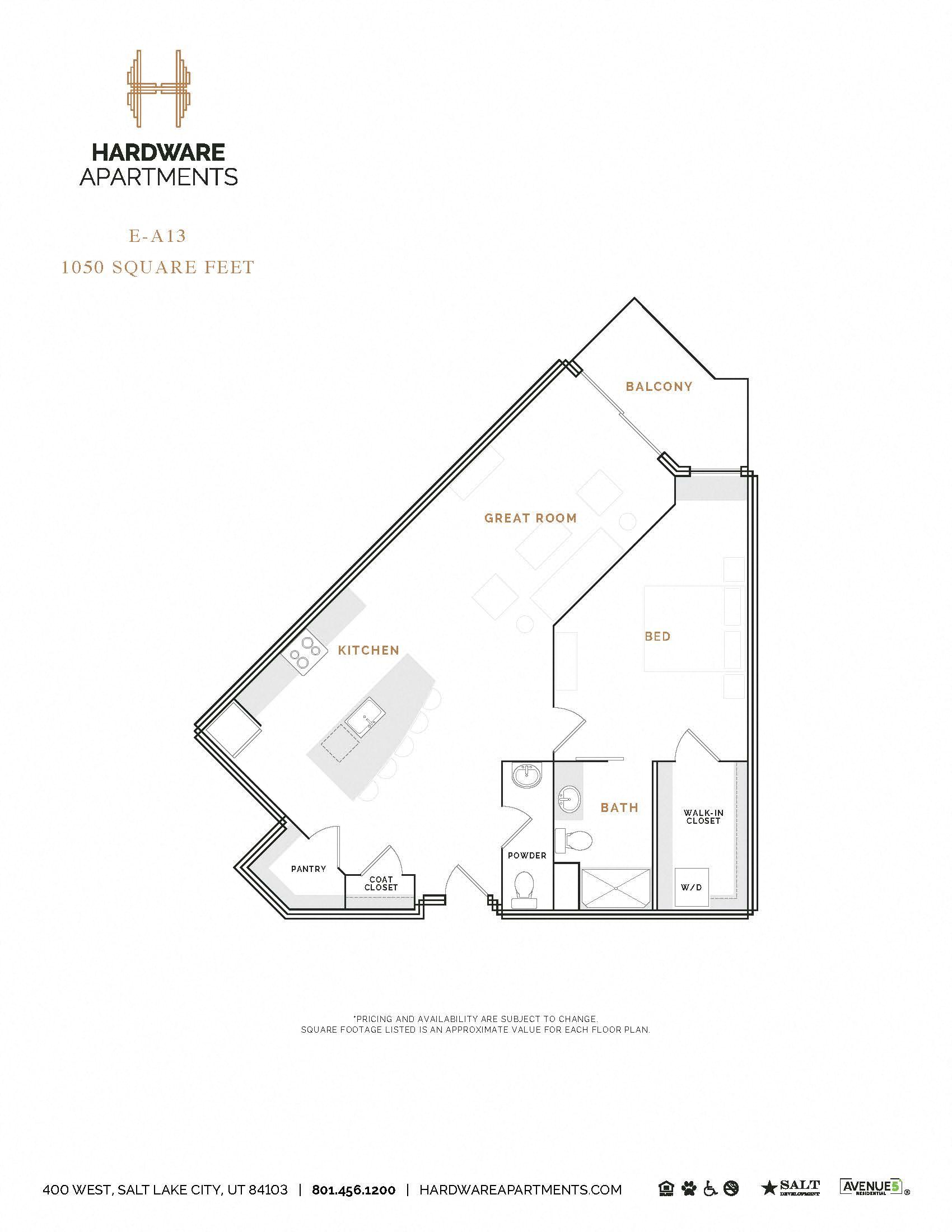 Rendering of the EA13 floor plan with 1 bedroom[s] and 1.5 bathroom[s] at Hardware District