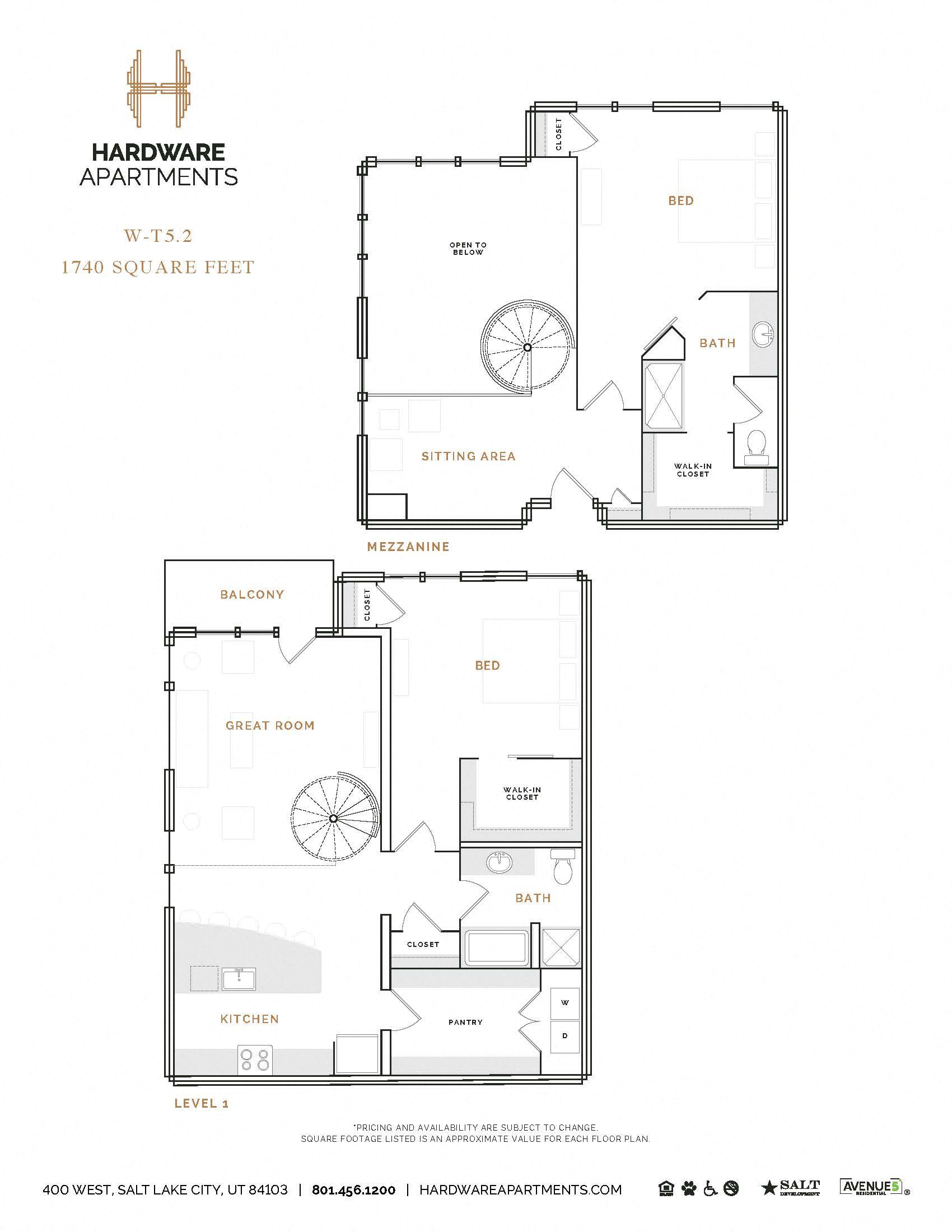Rendering of the WT5.2 floor plan with 2 bedroom[s] and 2 bathroom[s] at Hardware District