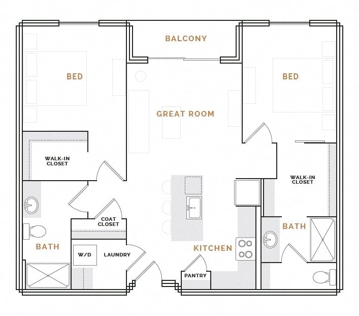 Rendering of the EB1A floor plan with 2 bedroom[s] and 2 bathroom[s] at Hardware District