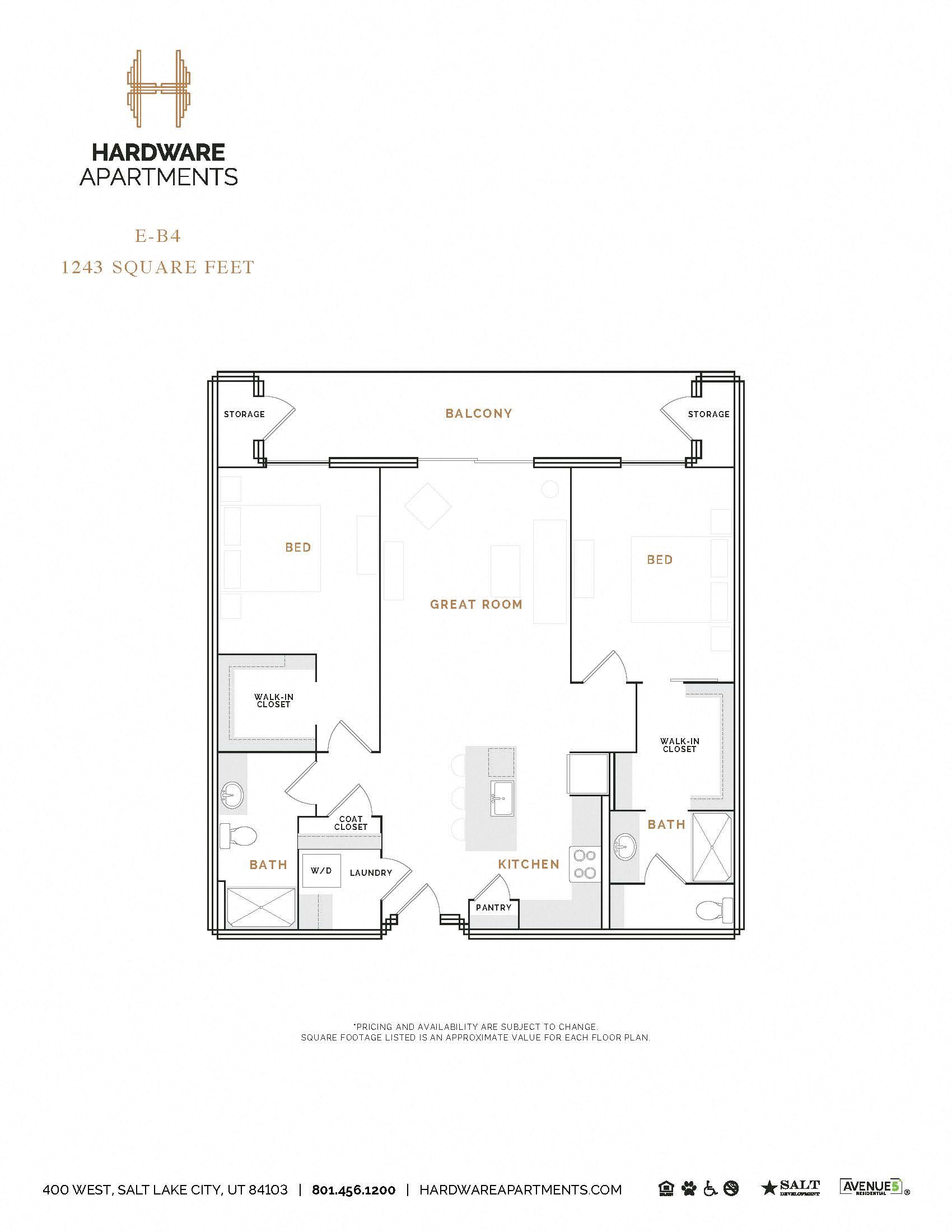 Rendering of the EB4 floor plan with 2 bedroom[s] and 2 bathroom[s] at Hardware District