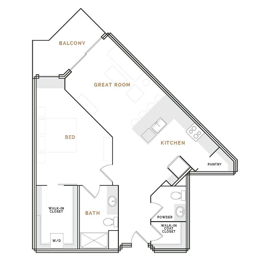 Rendering of the EA14 floor plan with 1 bedroom[s] and 1.5 bathroom[s] at Hardware District