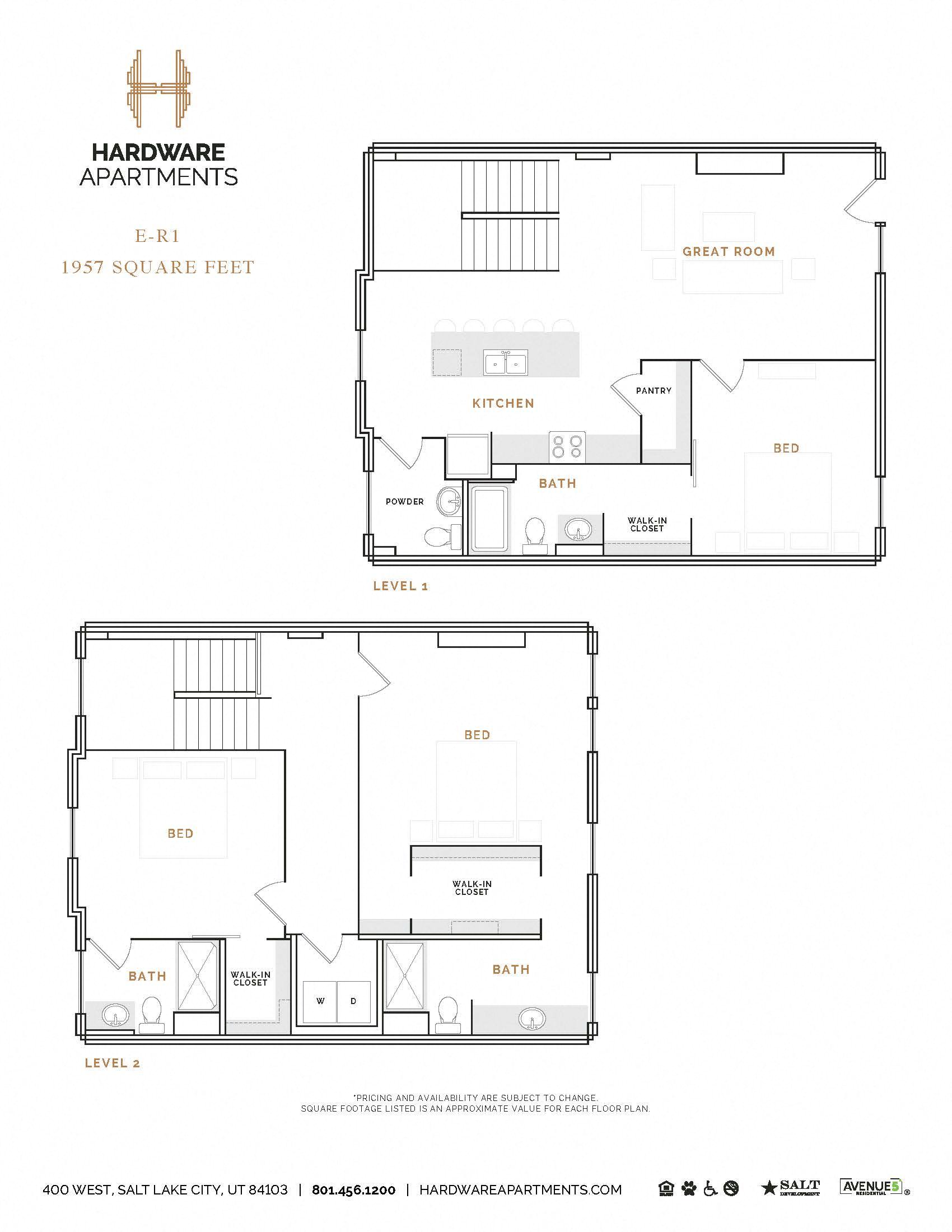 Rendering of the ER1 floor plan with 3 bedroom[s] and 3.5 bathroom[s] at Hardware District