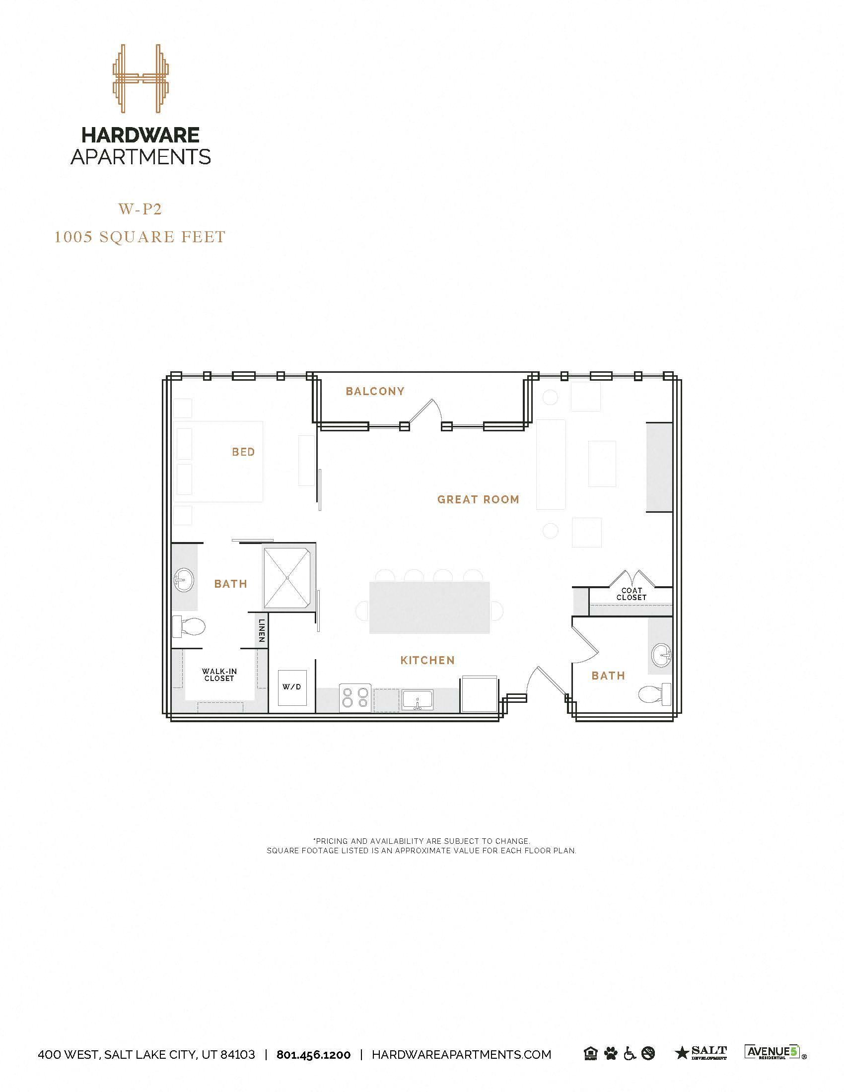 Rendering of the WP2 floor plan with 1 bedroom[s] and 1.5 bathroom[s] at Hardware District