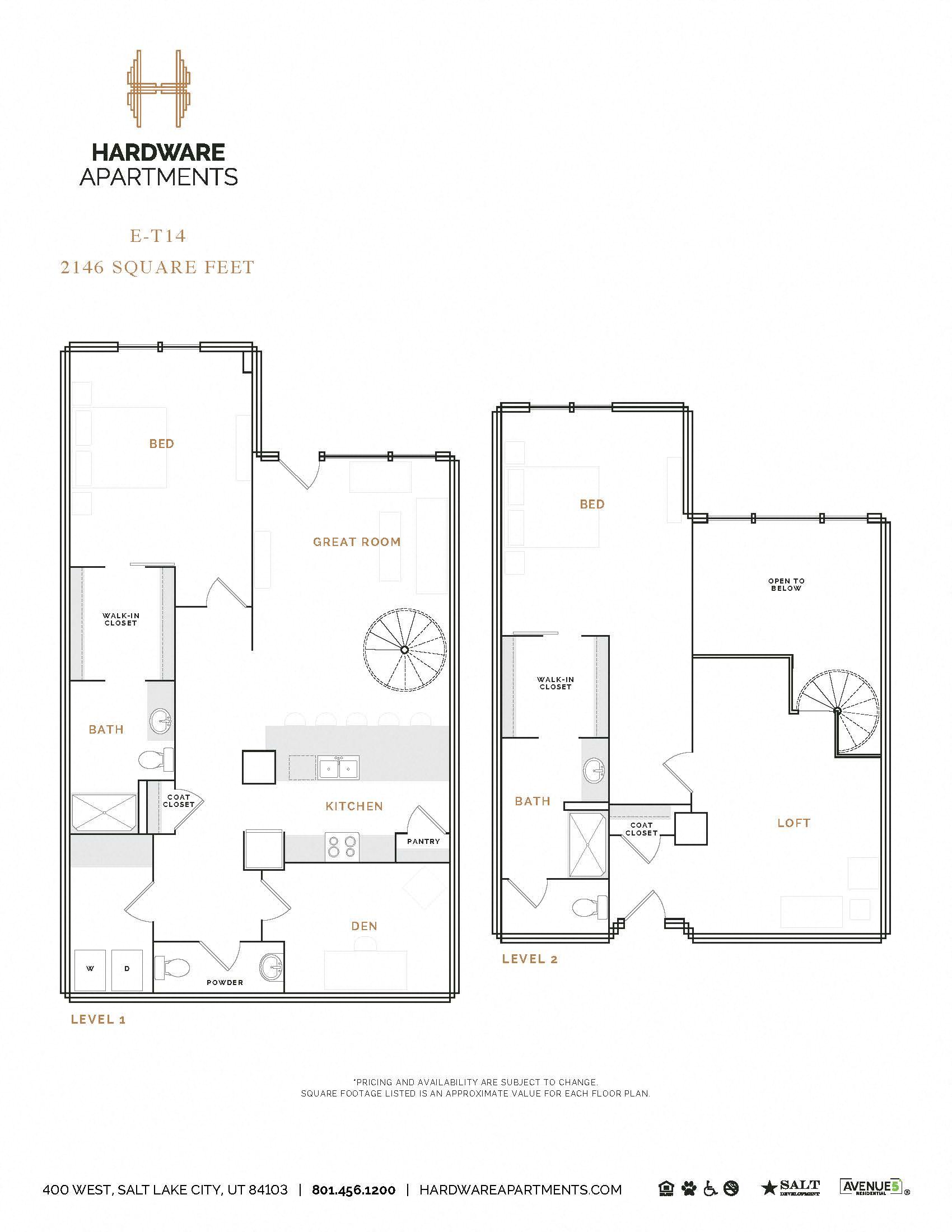 Rendering of the ET14 floor plan with 2 bedroom[s] and 2.5 bathroom[s] at Hardware District
