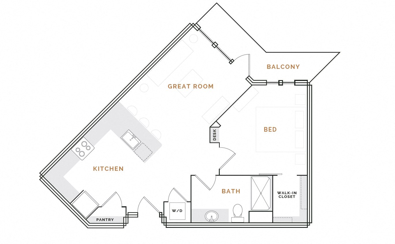 Rendering of the WA3.P floor plan with 1 bedroom[s] and 1 bathroom[s] at Hardware District
