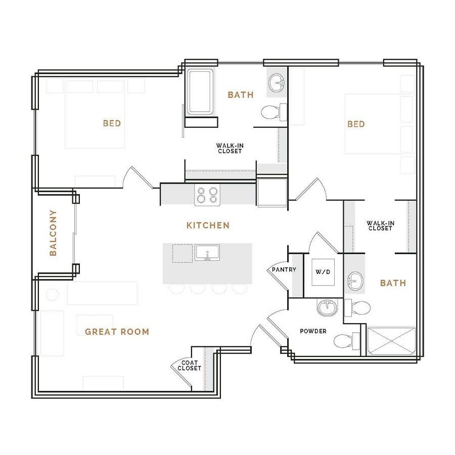 Rendering of the EB3 floor plan with 2 bedroom[s] and 2.5 bathroom[s] at Hardware District