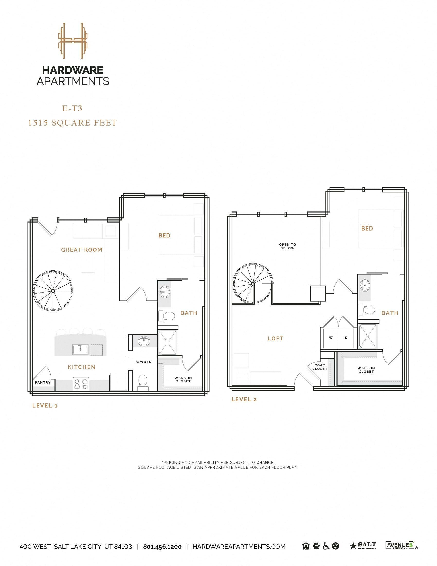 Rendering of the ET3 floor plan with 2 bedroom[s] and 2.5 bathroom[s] at Hardware District