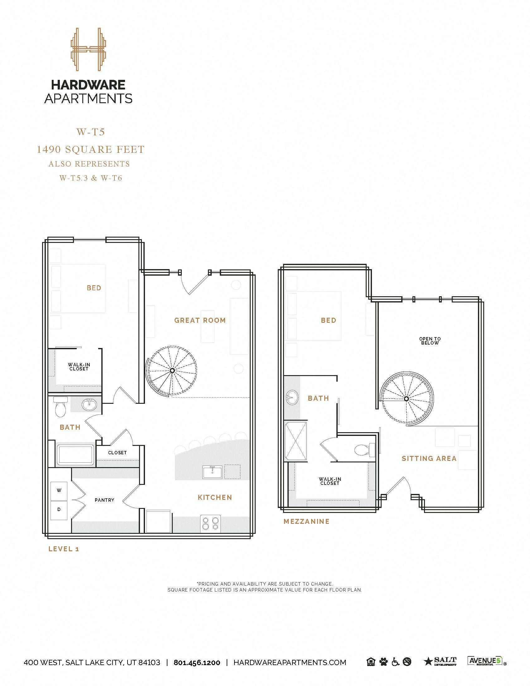 Rendering of the WT5 floor plan with 2 bedroom[s] and 2 bathroom[s] at Hardware District