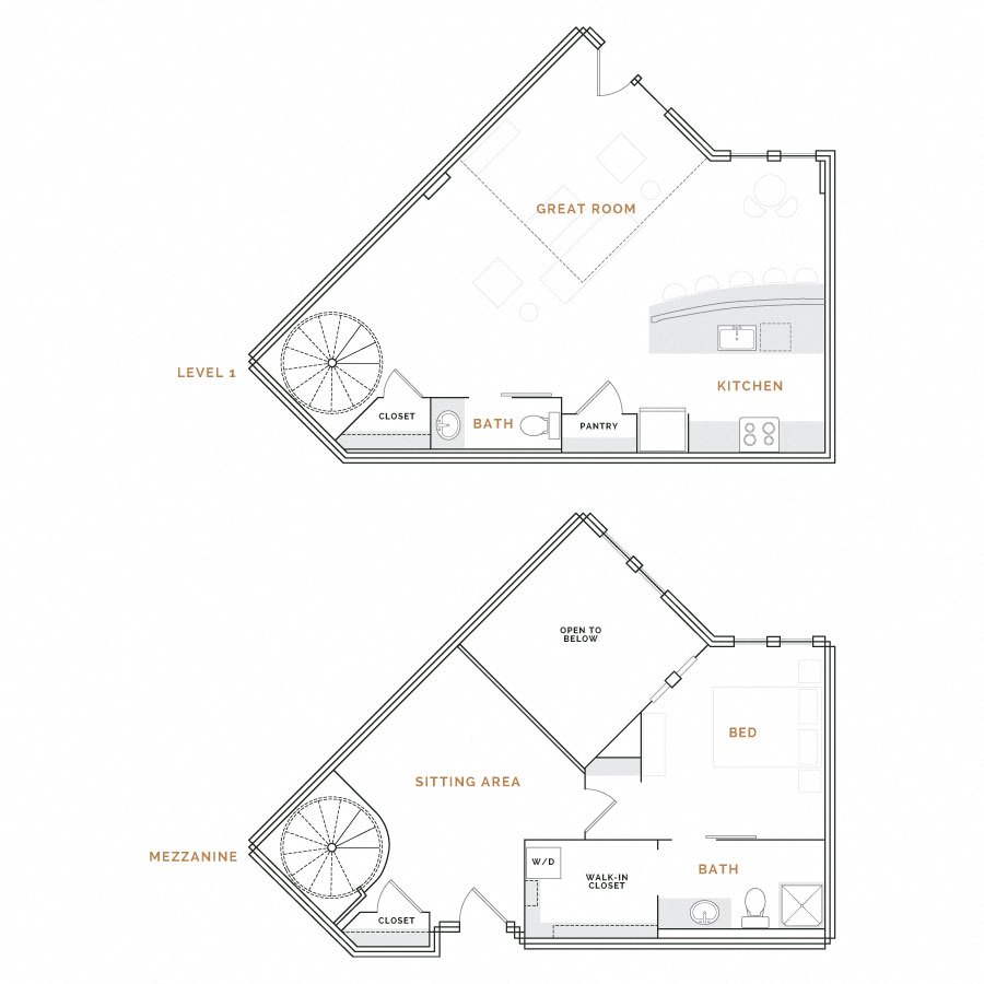 Rendering of the WT3.1 floor plan with 1 bedroom[s] and 1.5 bathroom[s] at Hardware District