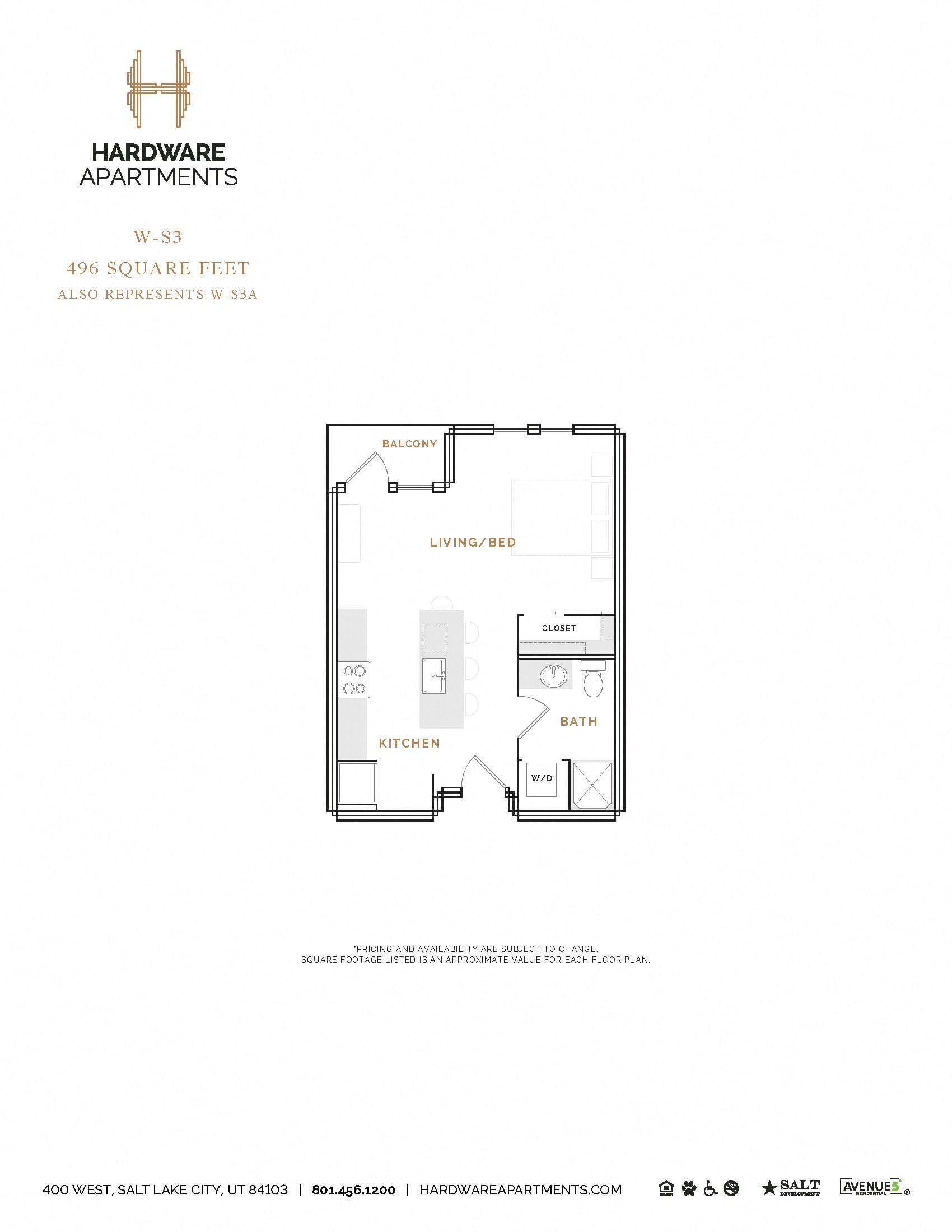 Rendering of the WS3 floor plan with a Studio bedroom and 1 bathroom[s] at Hardware District