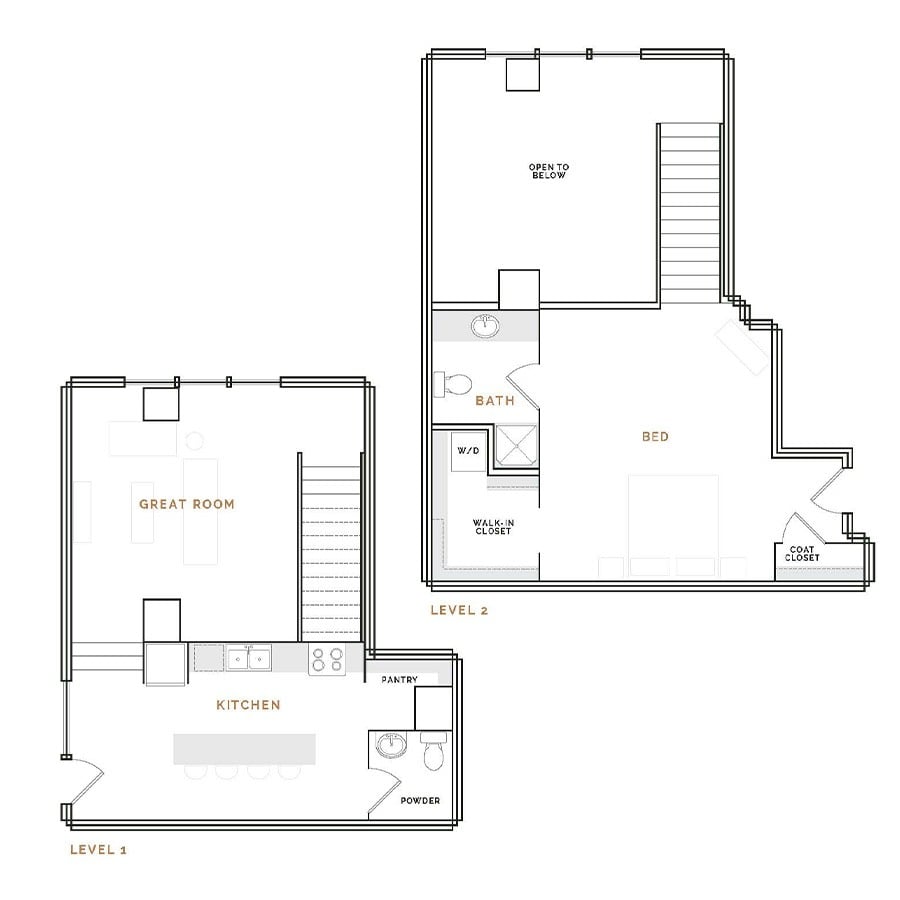 Rendering of the ET2 floor plan with 1 bedroom[s] and 1.5 bathroom[s] at Hardware District