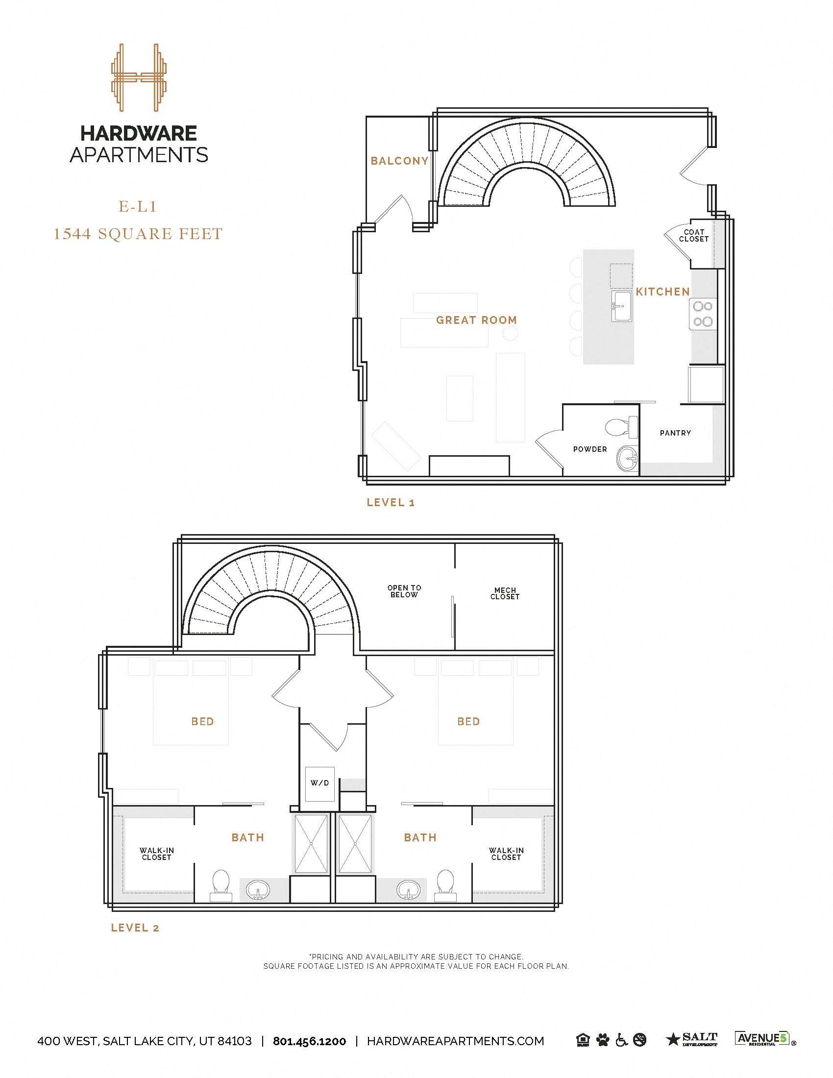 Rendering of the EL1 floor plan with 2 bedroom[s] and 2.5 bathroom[s] at Hardware District