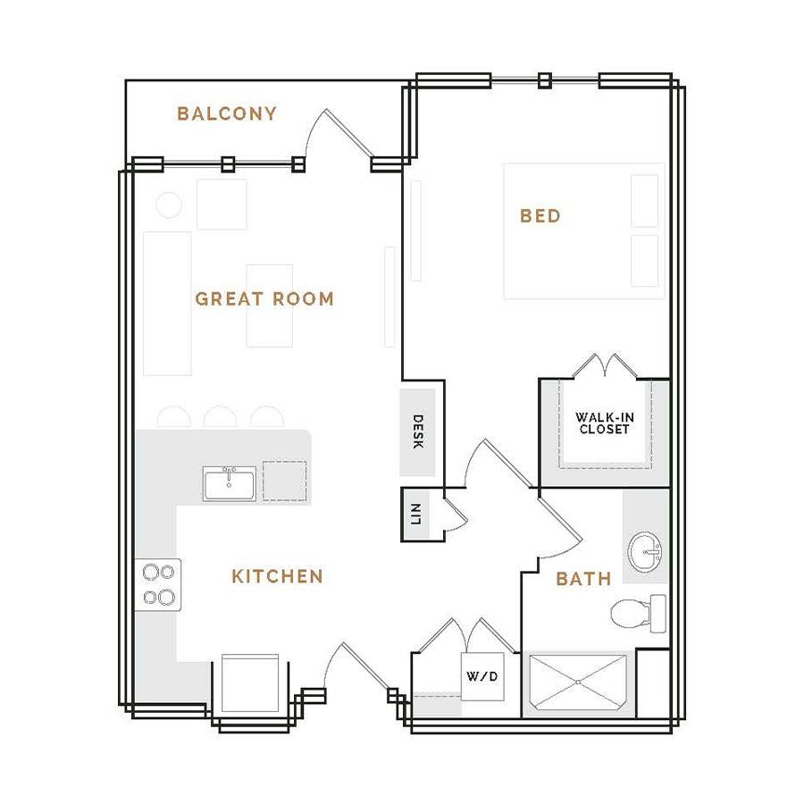 Rendering of the WA1 floor plan with 1 bedroom[s] and 1 bathroom[s] at Hardware District